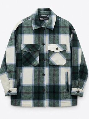 Zara Green and Cream Plaid Shirt Jacket
